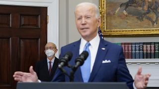 President Joe Biden delivers remarks on the retirement of Supreme Court Associate Justice Stephen Breyer, left, in the Roosevelt Room of the White House, January 27, 2022.