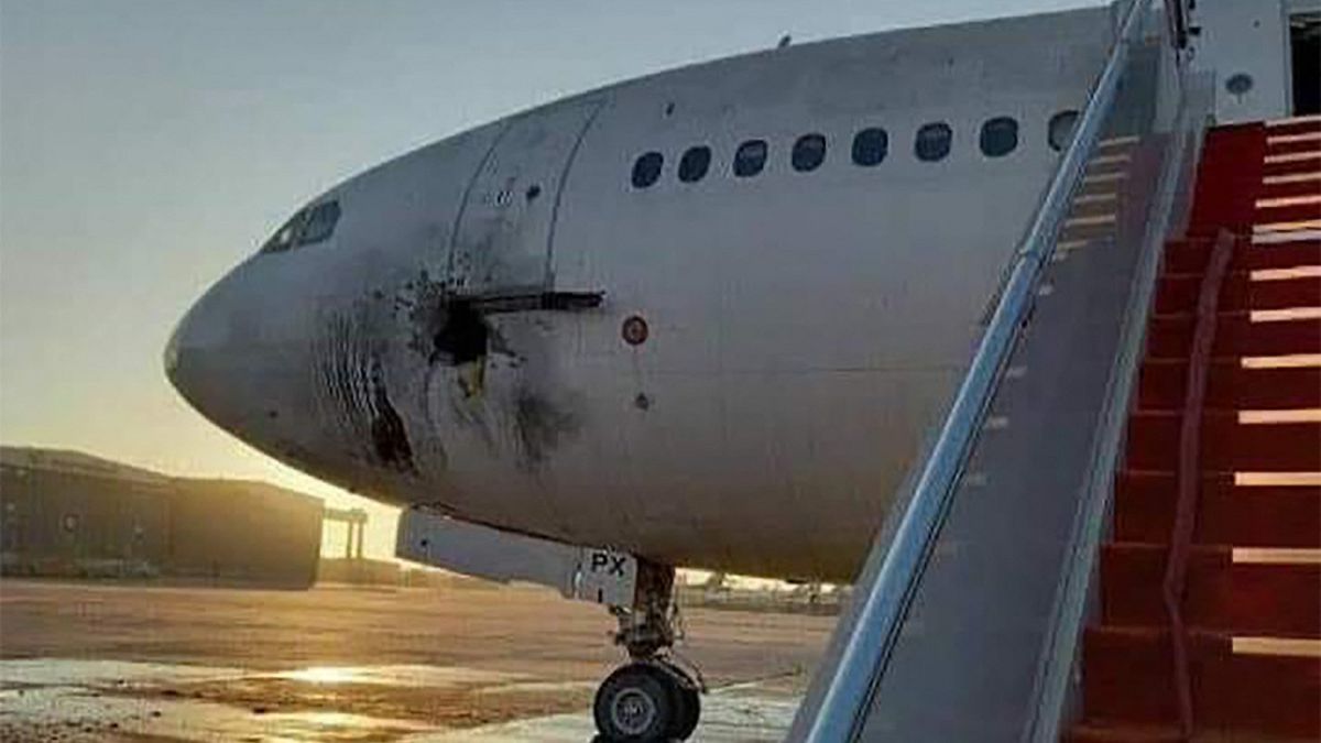 An out-of-service former government plane believed to be the one damaged by rocket fire at Baghdad International Airport. 