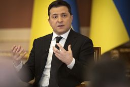 In this handout photo provided by the Ukrainian Presidential Press Office, Ukrainian President Volodymyr Zelenskyy speaks during a news conference in Kyiv, Jan. 28, 2022.