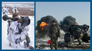 Exercices militaires ukrainiens (à g.) et russes (à dr.), le 28/01/2022