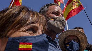 Far-right Vox party leader Santiago Abascal attends a protest against the Spanish government in MAdrid