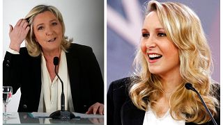 مرشحة الرئاسة الفرنسية اليمينية المتطرفة مارين لوبان (يسار) وابنة شقيقتها ماريون ماريشال (يمين)