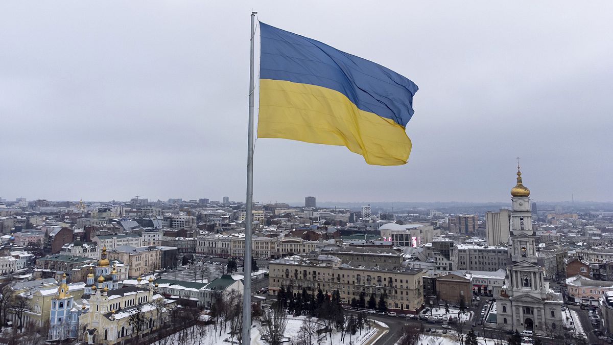 An Ukrainian national flag flag waves over the center of Kharkiv, Ukraine's second-largest city