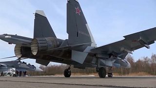La televisión estatal rusa mostró el nuevo caza Sukhoi SU-30SM2 del país, 30/1/2022, Kaliningrado, Rusia