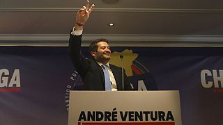 André Ventura, líder de Chega, celebra sus resultados electorales