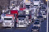 Des véhicules du convoi de protestation bloquant une route dimanche 30 janvier 2022, à Ottawa.