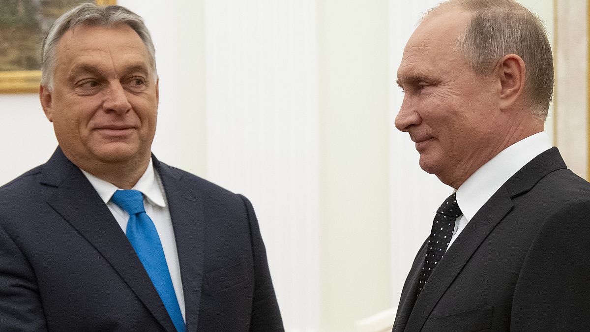 Hungarian Prime Minister Viktor Orban, left, and Russian President Vladimir Putin greet each other during their meeting in the Kremlin in Moscow, Russia, Tuesday, Sept. 18, 20