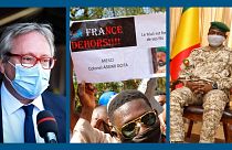 De g. à dr. : Joël Meyer, ambassadeur de France au Mali (le 22/01/2022) - Manifestation anti-française à Bamako (14/0 1/2022) - Col. Assimi Goita à Bamako (24/10/2021)