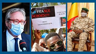 De g. à dr. : Joël Meyer, ambassadeur de France au Mali (le 22/01/2022) - Manifestation anti-française à Bamako (14/0 1/2022) - Col. Assimi Goita à Bamako (24/10/2021)