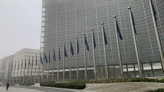 A woman walks in the fog past EU flags in front of EU headquarters in Brussels, Jan. 25, 2022.
