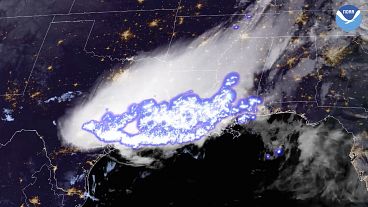 A satellite photo of a thunderstorm complex that contained the longest single flash that covered a horizontal distance on record, in April 2020.