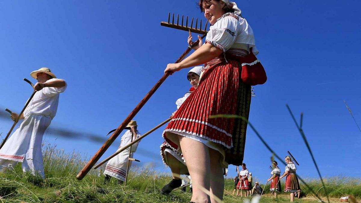 Men and women wearing tarditional clothes work on a meadow to mow in a traditional way in Mala Vrbka, South Moravia, 80 km southeast from Brno, Czech Republic, on June 13, 201