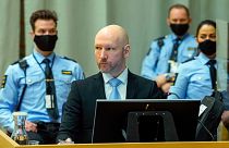 Convicted mass murderer Anders Behring Breivik sits in the makeshift courtroom in Skien prison on the second day of his parole hearing, Norway, Jan. 19, 2022.