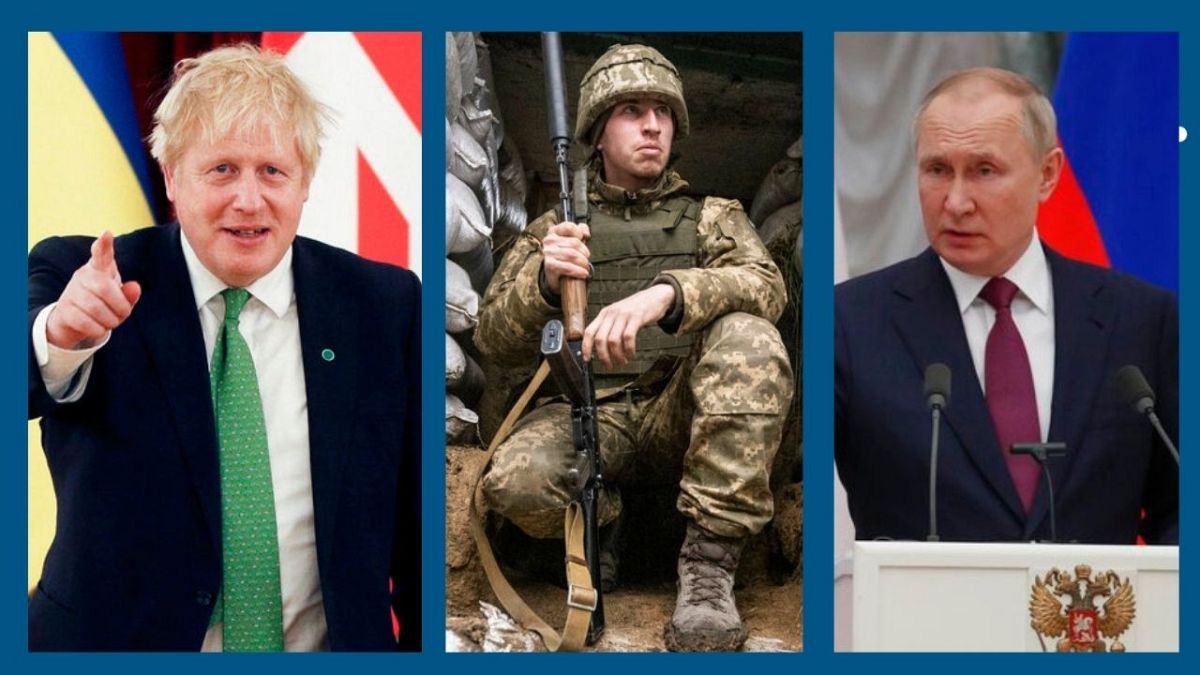 De g. à Dr. : le Premier ministre britannique Boris Johnson, un soldat ukrainien, le président russe Vladimir Poutine