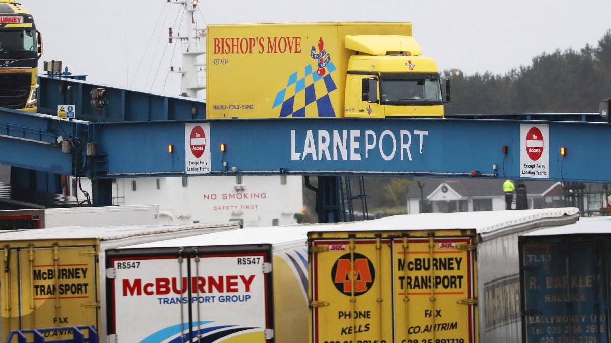 Vehicles disembark from the P&O ferry arriving from Scotland at the port of Larne, Northern Ireland, Feb. 2, 2021. 
