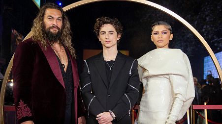 Jason Momoa,, Zendaya and Timothee Chalame pose for photographers at the London premiere of 'Dune'