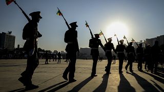 عرض عسكري إثيوبي مع أعلام وطنية مثبتة على بنادقهم - أرشيف