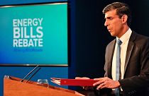 Britain's Chancellor Rishi Sunak holds a press conference in London as it was announced that the energy price cap will rise by a record 54 per cent.