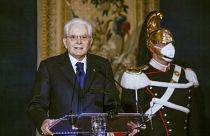 Sergio Mattarella delivers his speech at the Quirinale presidential palace in Rome.