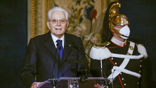Sergio Mattarella delivers his speech at the Quirinale presidential palace in Rome.