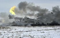 Russian army's self-propelled howitzers fire during military drills near Orenburg in the Urals, Russia, Thursday, Dec. 16, 2021.
