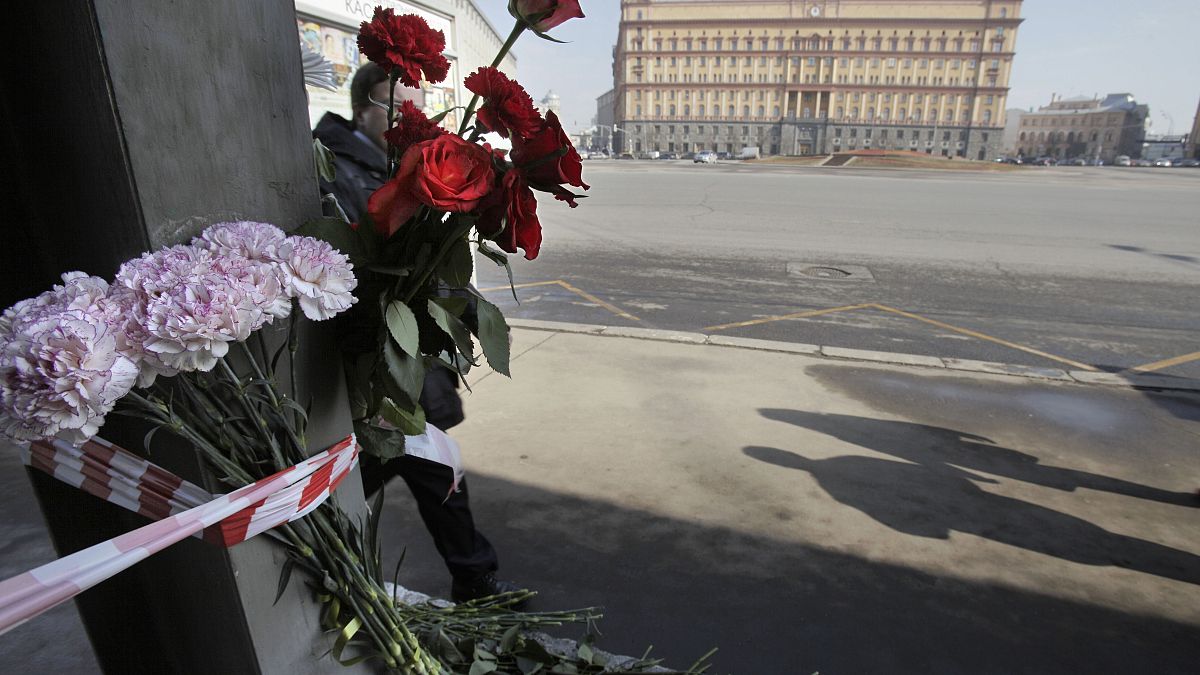 Flowers were fixed at an entrance to Lubyankka subway station in the days after the bombings.