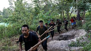 Members of the People's Defence Force, the armed wing of the civilian National Unity Government opposed to Myanmar's ruling military regime, taking part in training at a camp