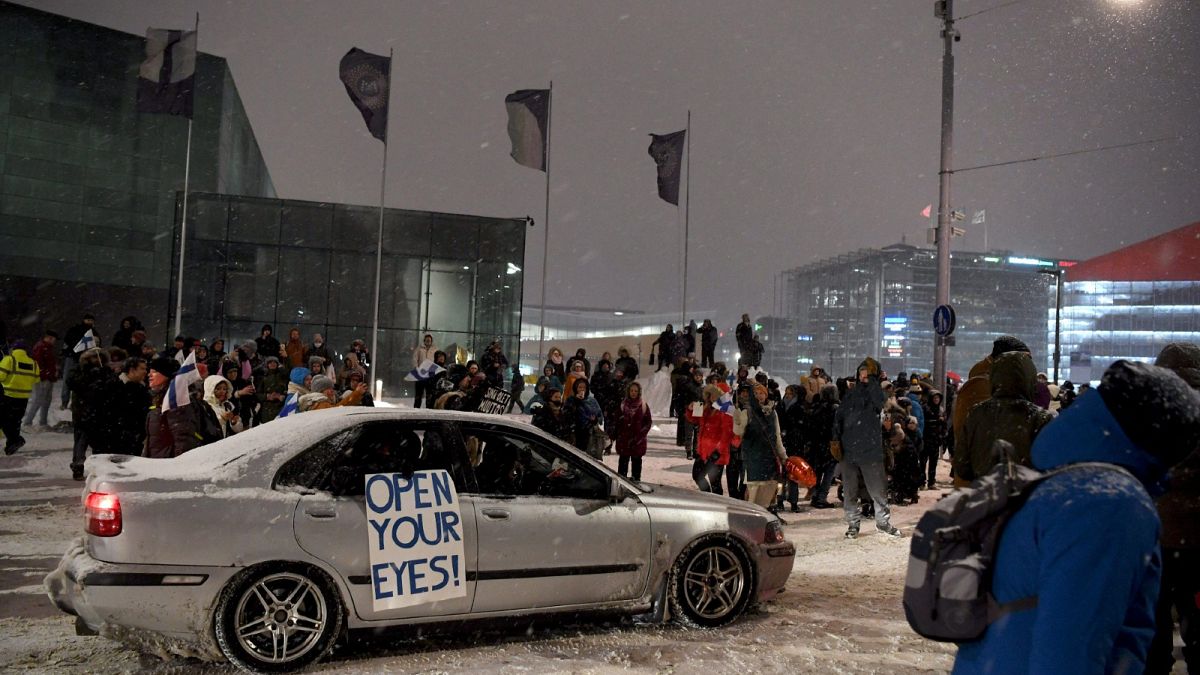 Demonstrators gather for a so-called 'Convoy Finland' protest in central Helsinki, Finland, on February 4, 2022.