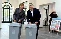 Hungarian Prime Minister Viktor Orban and his wife, Aniko Levai cast their ballots at the nationwide local elections in Budapest, Oct. 13, 2019.
