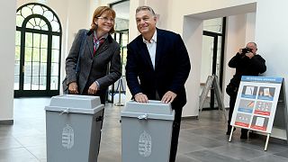 Hungarian Prime Minister Viktor Orban and his wife, Aniko Levai cast their ballots at the nationwide local elections in Budapest, Oct. 13, 2019.