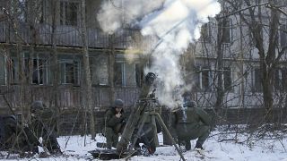 Ukraine's National Guard soldiers take part in tactical exercises on 4 February in the abandoned city of Pripyat near the Chernobyl Nuclear Power Plant.
