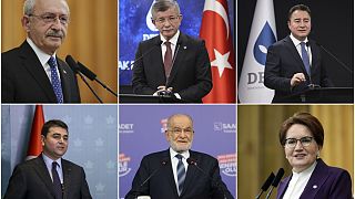 Üst soldan; CHP lideri Kılıçdaroğlu, Gelecek Partisi lideri Davutoğlu, DEVA lideri Babacan, Demokrat Parti lideri Uysal, Saadet lideri Karamollaoğlu, İYİ Parti lideri Akşener