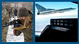 A g. : entrainement de volontaires ukrainiens à Kiev, le 05/02/2022 - A dr. : vue d'un avion de chasse russe en patrouille dans le ciel du Belarus, le 05/02/2022