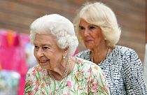 Britain's Queen Elizabeth II, foreground and Camilla, the Duchess of Cornwall, during the G7 summit in Cornwall, England, June 11, 2021.
