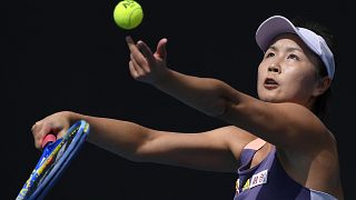 China's Peng Shuai serves to Japan's Nao Hibino during their first round singles match at the Australian Open tennis championship in Melbourne, Australia, on Jan. 21, 2020.