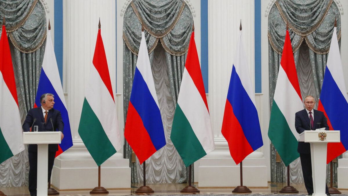 Orbán Viktor és Vlagyimir Putyin közös sajtótájékoztatója Kreml-beli találkozójukat követően 2022. február 1-jén. 