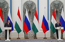 Orbán Viktor és Vlagyimir Putyin közös sajtótájékoztatója Kreml-beli találkozójukat követően 2022. február 1-jén. 