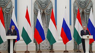 Orbán Viktor és Vlagyimir Putyin közös sajtótájékoztatója Kreml-beli találkozójukat követően 2022. február 1-jén.