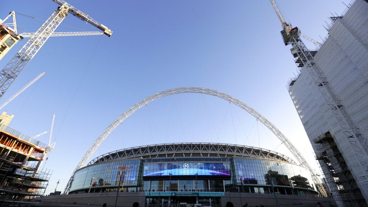 FILE - A view of the exterior of Wembley Stadium in London, Wednesday, Oct. 3, 2018. 