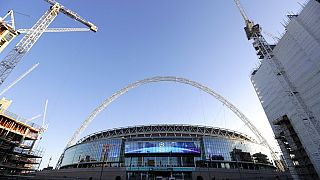 FILE - A view of the exterior of Wembley Stadium in London, Wednesday, Oct. 3, 2018.