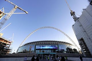 FILE - A view of the exterior of Wembley Stadium in London, Wednesday, Oct. 3, 2018.