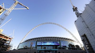 FILE - A view of the exterior of Wembley Stadium in London, Wednesday, Oct. 3, 2018. 