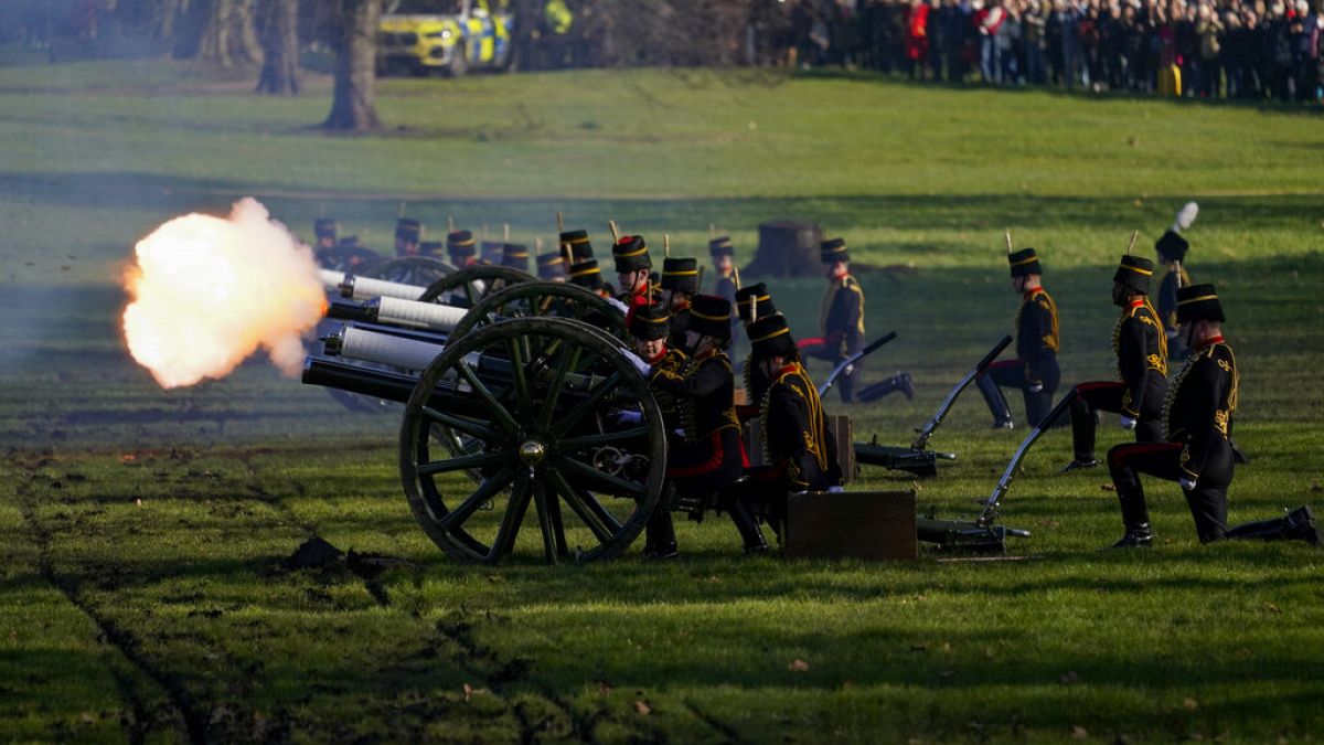 The King's Troop Royal Horse Artillery fire gun salutes to mark the 70th anniversary of the accession to the throne of Britain's Queen Elizabeth, February 7th, 2022