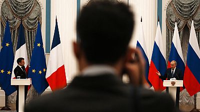Emmanuel Macron et Vladimir Poutine en conférence de presse, le 7 février 2022, Moscou, Russie