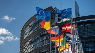 Az EU, és a tagállamok zászlói Strasbourgban az Európai Parlament épülete előtt