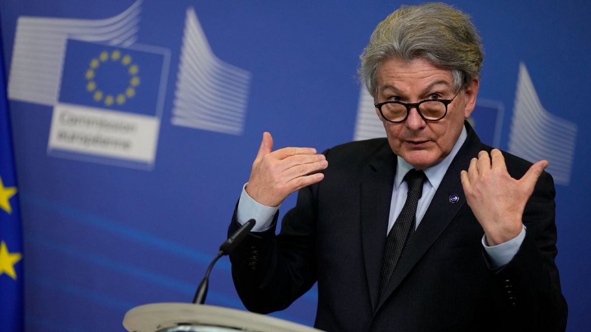European Commissioner for Internal Market Thierry Breton speaks during a signature ceremony regarding the Chips Act at EU headquarters in Brussels, Tuesday, Feb. 8, 2022.
