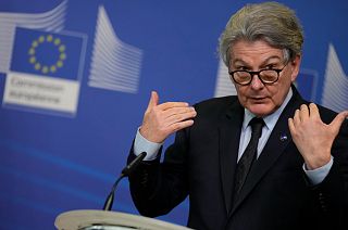 European Commissioner for Internal Market Thierry Breton speaks during a signature ceremony regarding the Chips Act at EU headquarters in Brussels, Tuesday, Feb. 8, 2022.