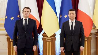 Les présidents français, Emmanuel Macron et Volodymyr Zelenski, lors de leur entretien à Kiev, le 8 février 2022 
