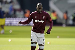 West Ham United defender Kurt Zouma (4) warms up before an English Premier League soccer match against Brentford at London Stadium