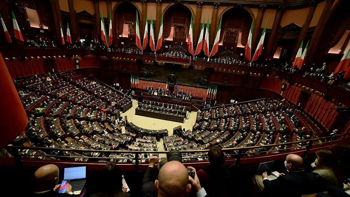  A general view of the parliament during the Italian President Sergio Mattarella's swearing-in ceremony at the Montecitorio Palace in Rome, Italy. 